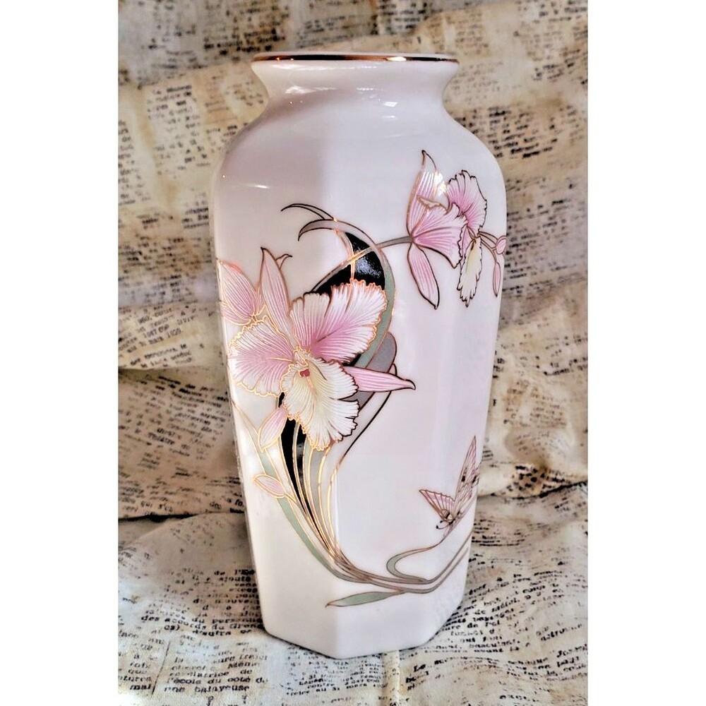 Vintage Octagonal China/Porcelain Floral Patterned White Vase Butterfly Accent
